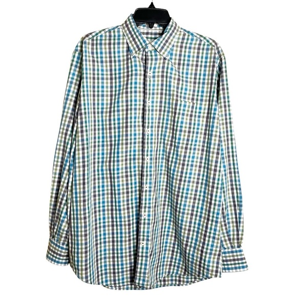 Peter Millar Button Down Shirt Men’s Large Green Blue Plaid Casual Long Sleeve - Picture 1 of 10
